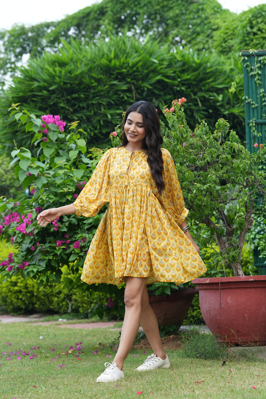 Beautiful Hand Block Printed Floral Raha Mini Dress