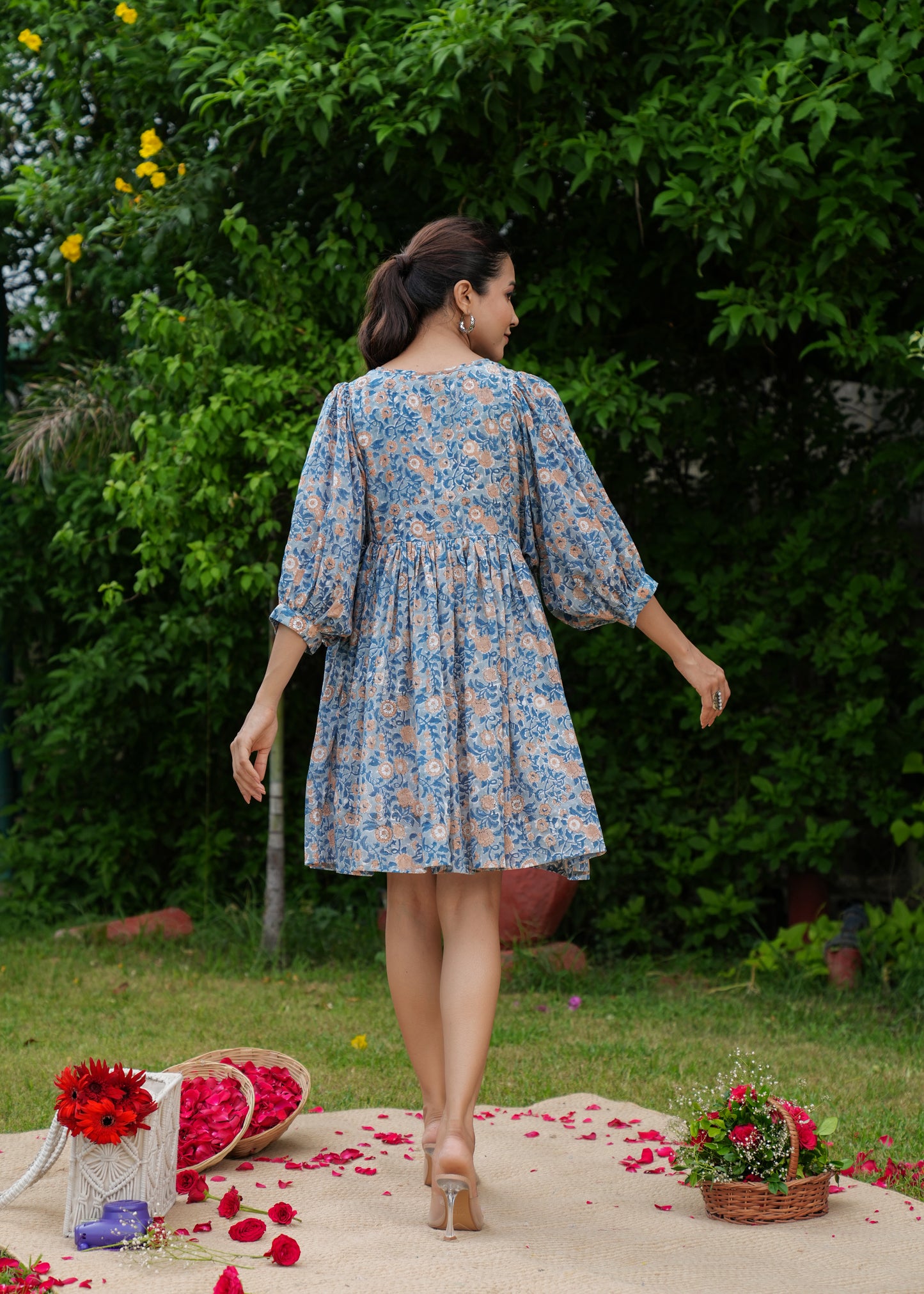 Beautiful Hand Block Printed Blue Vanya Mini Dress