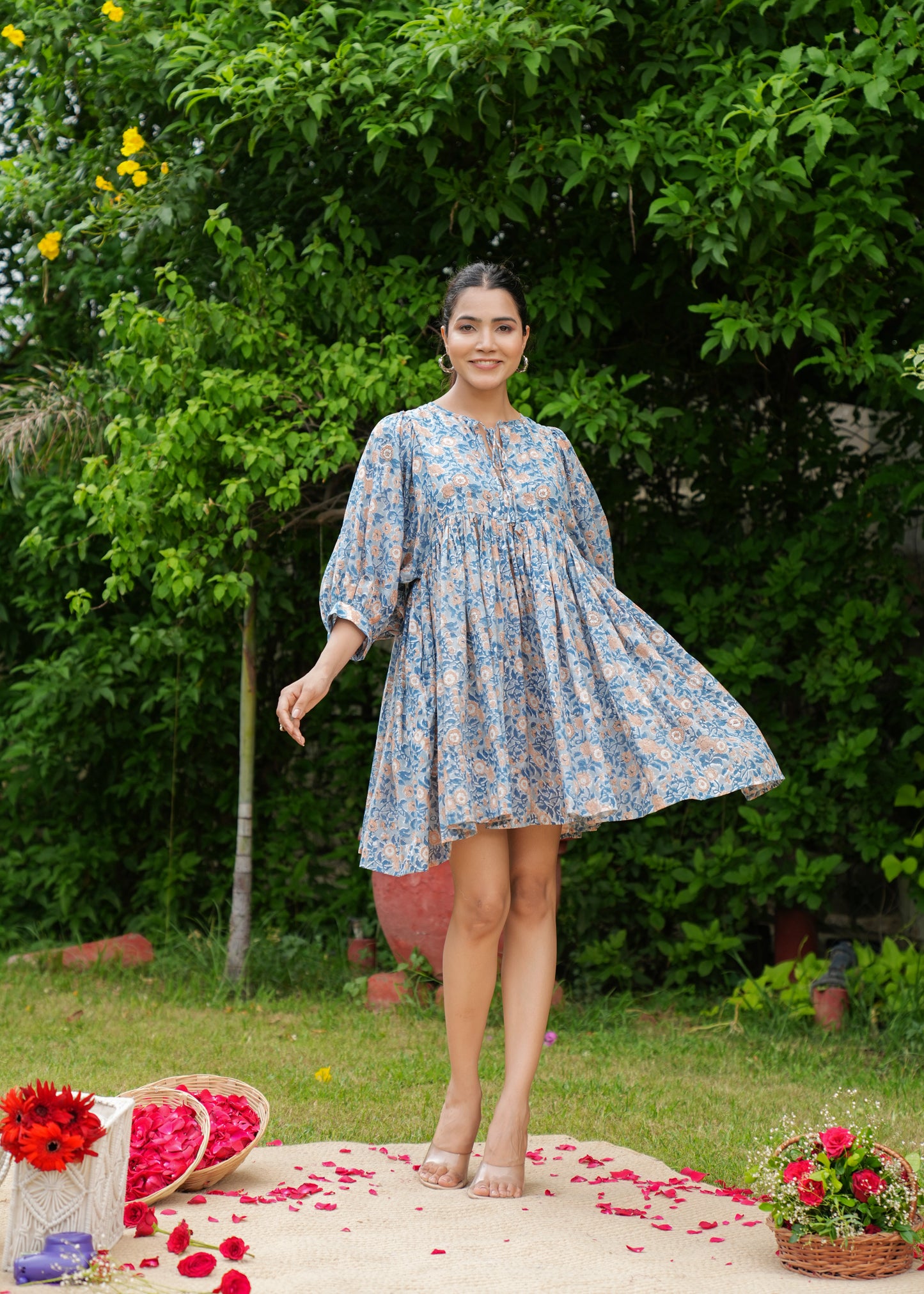 Beautiful Hand Block Printed Blue Vanya Mini Dress