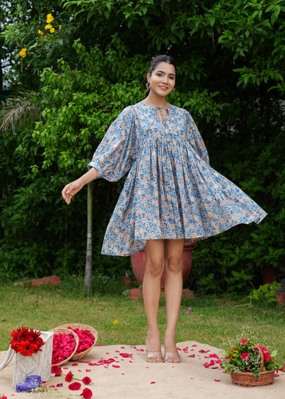 Beautiful Hand Block Printed Blue Vanya Mini Dress