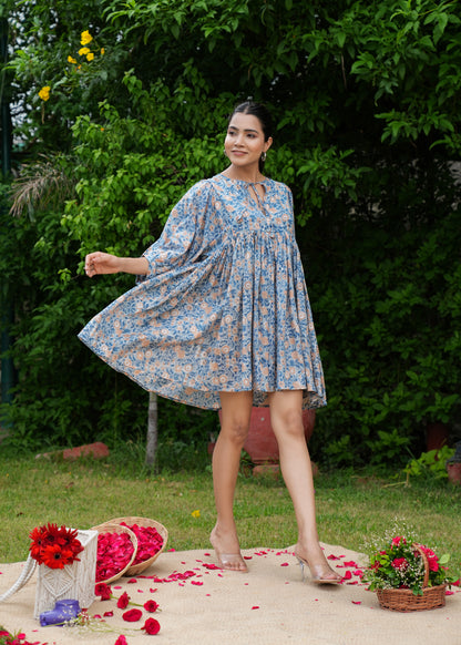 Beautiful Hand Block Printed Blue Vanya Mini Dress