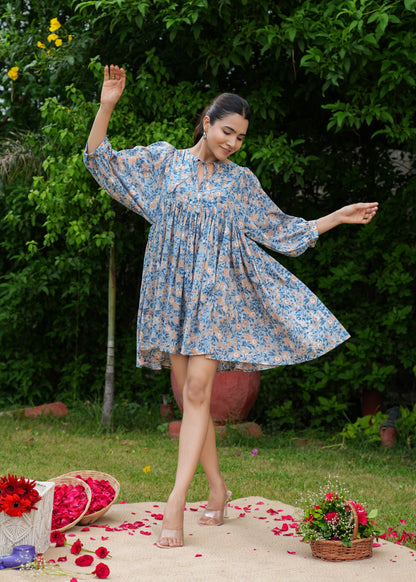 Beautiful Hand Block Printed Blue Vanya Mini Dress