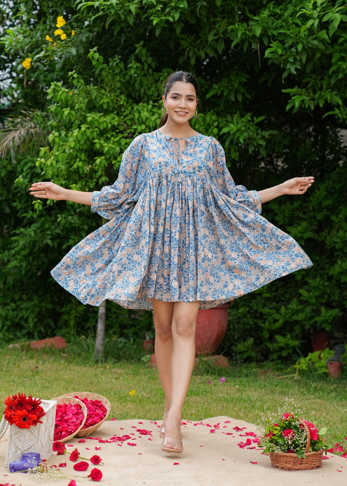 Beautiful Hand Block Printed Blue Vanya Mini Dress