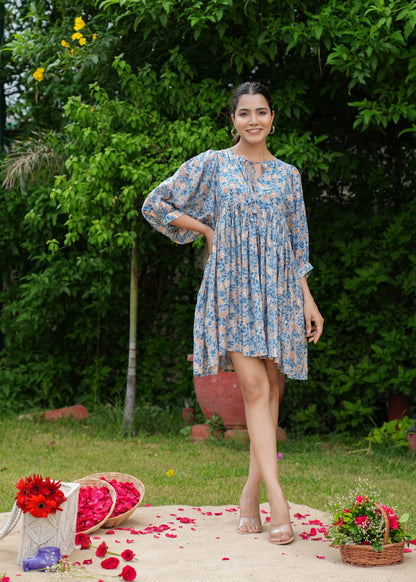 Beautiful Hand Block Printed Blue Vanya Mini Dress