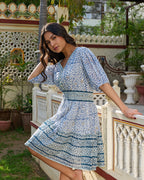 Hand Block Printed Cotton Mini Dress Blue Floral with Waist Tie