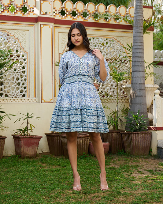 Hand Block Printed Cotton Mini Dress Blue Floral with Waist Tie