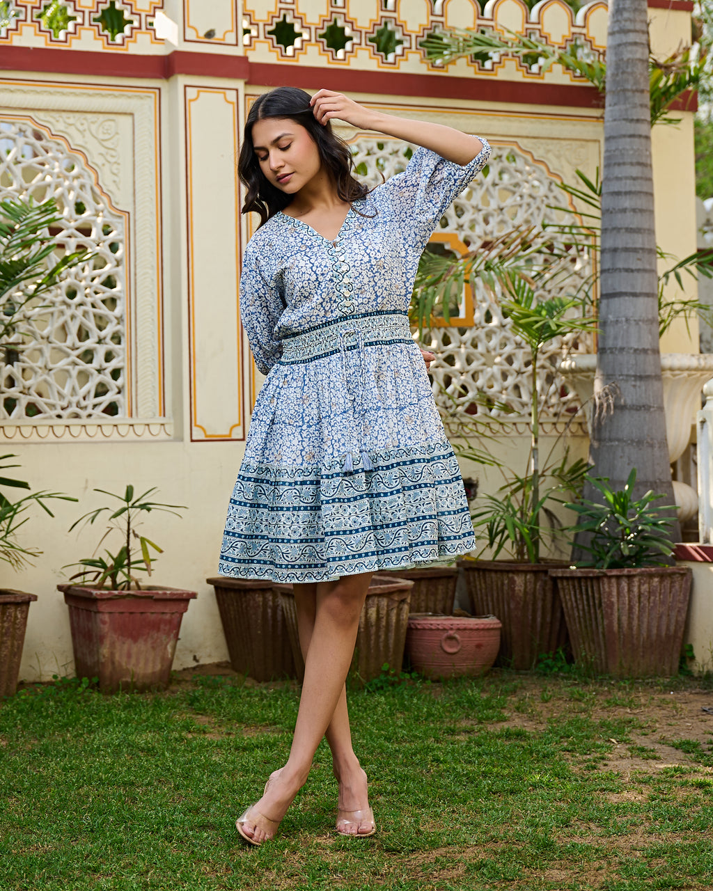 Hand Block Printed Cotton Mini Dress Blue Floral with Waist Tie