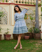 Hand Block Printed Cotton Mini Dress Blue Floral with Waist Tie