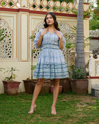 Hand Block Printed Cotton Mini Dress Blue Floral with Waist Tie