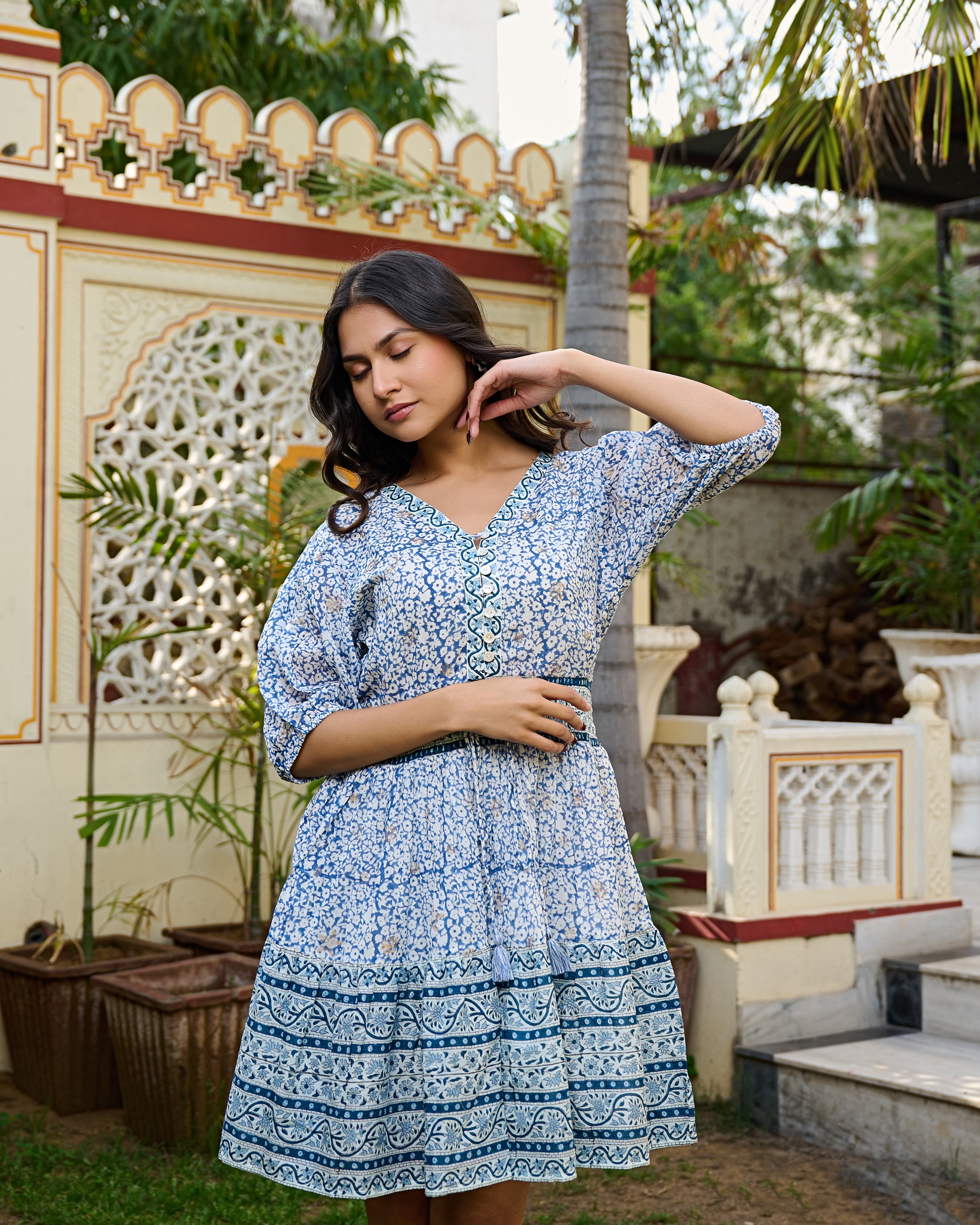 Hand Block Printed Cotton Mini Dress Blue Floral with Waist Tie