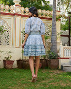 Hand Block Printed Cotton Mini Dress Blue Floral with Waist Tie