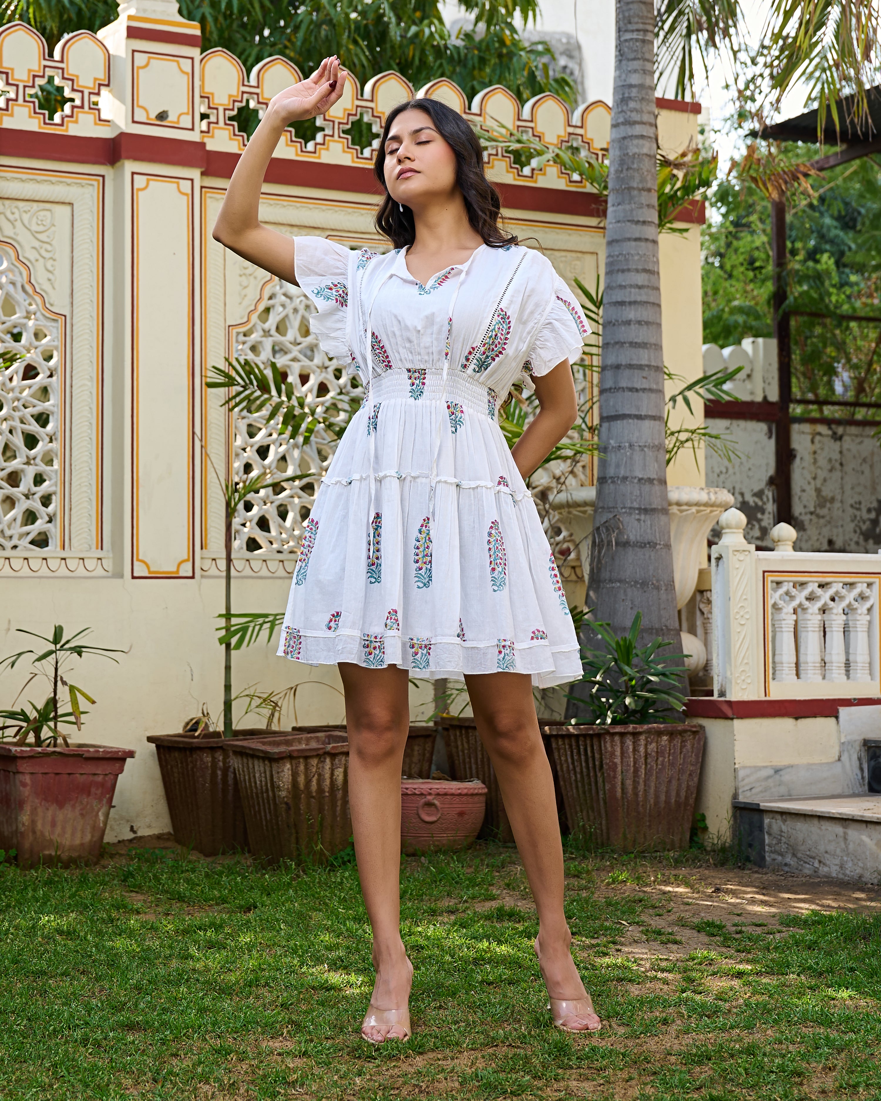 White Hand-Block Printed Cotton Tiered Mini Dress
