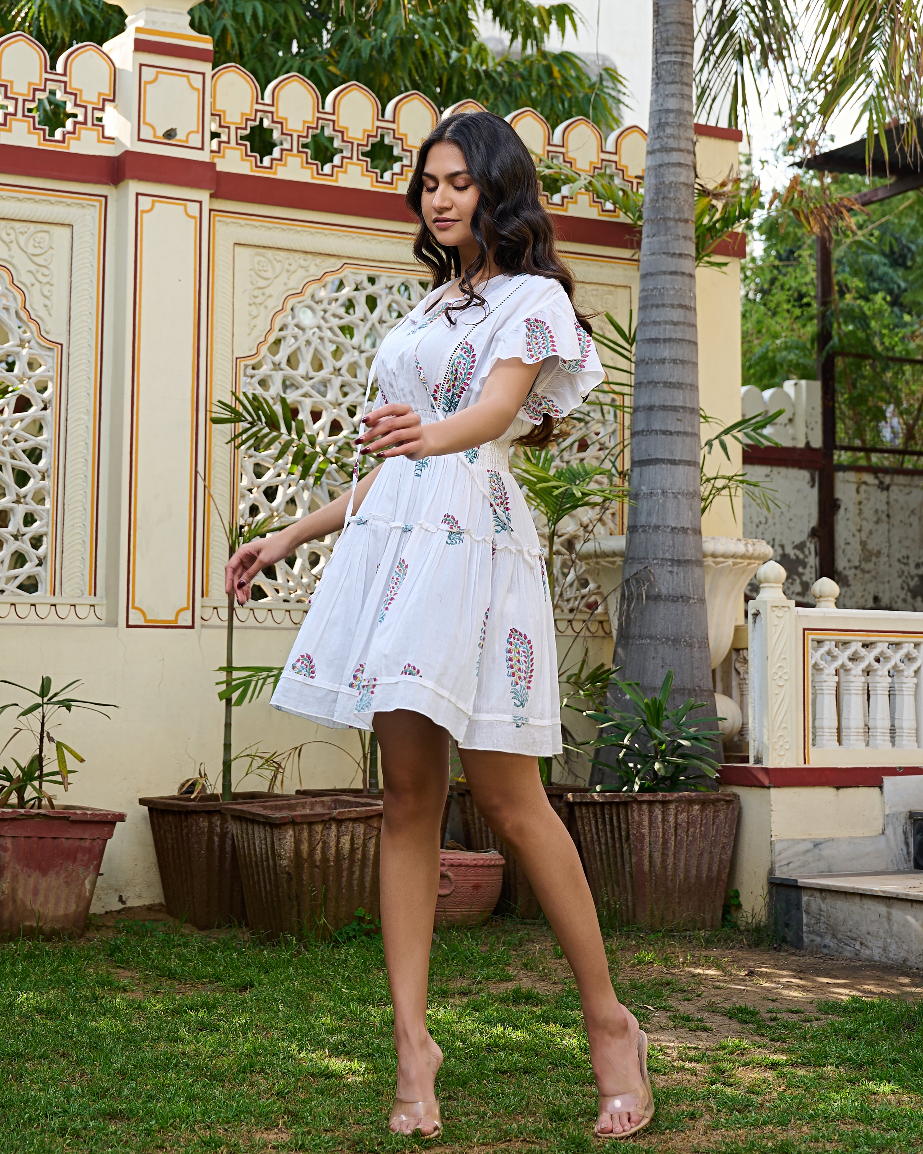 White Hand-Block Printed Cotton Tiered Mini Dress