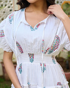 White Hand-Block Printed Cotton Tiered Mini Dress