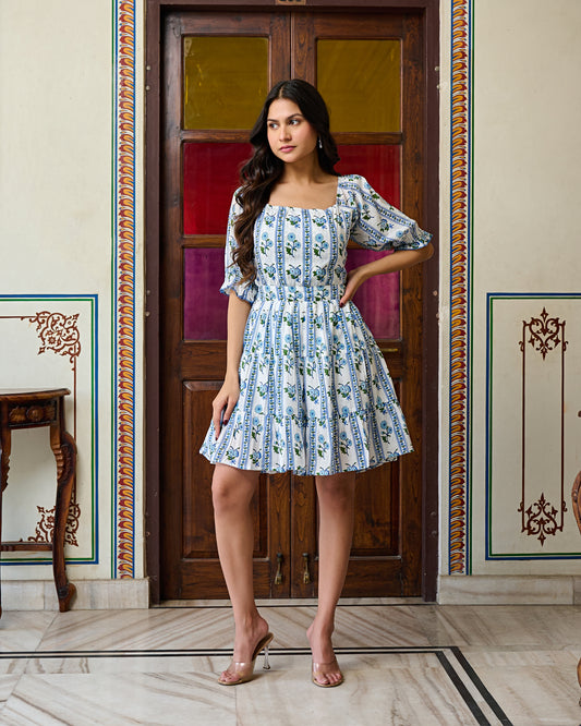 Blue & White Floral Hand-Block Printed Cotton Mini Dress – Tie-Up Back