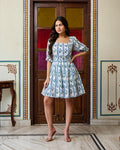 Blue & White Floral Hand-Block Printed Cotton Mini Dress