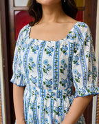 Blue & White Floral Hand-Block Printed Cotton Mini Dress