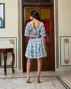 Blue & White Floral Hand-Block Printed Cotton Mini Dress