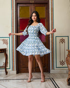 Blue & White Floral Hand-Block Printed Cotton Mini Dress
