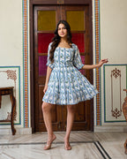 Blue & White Floral Hand-Block Printed Cotton Mini Dress