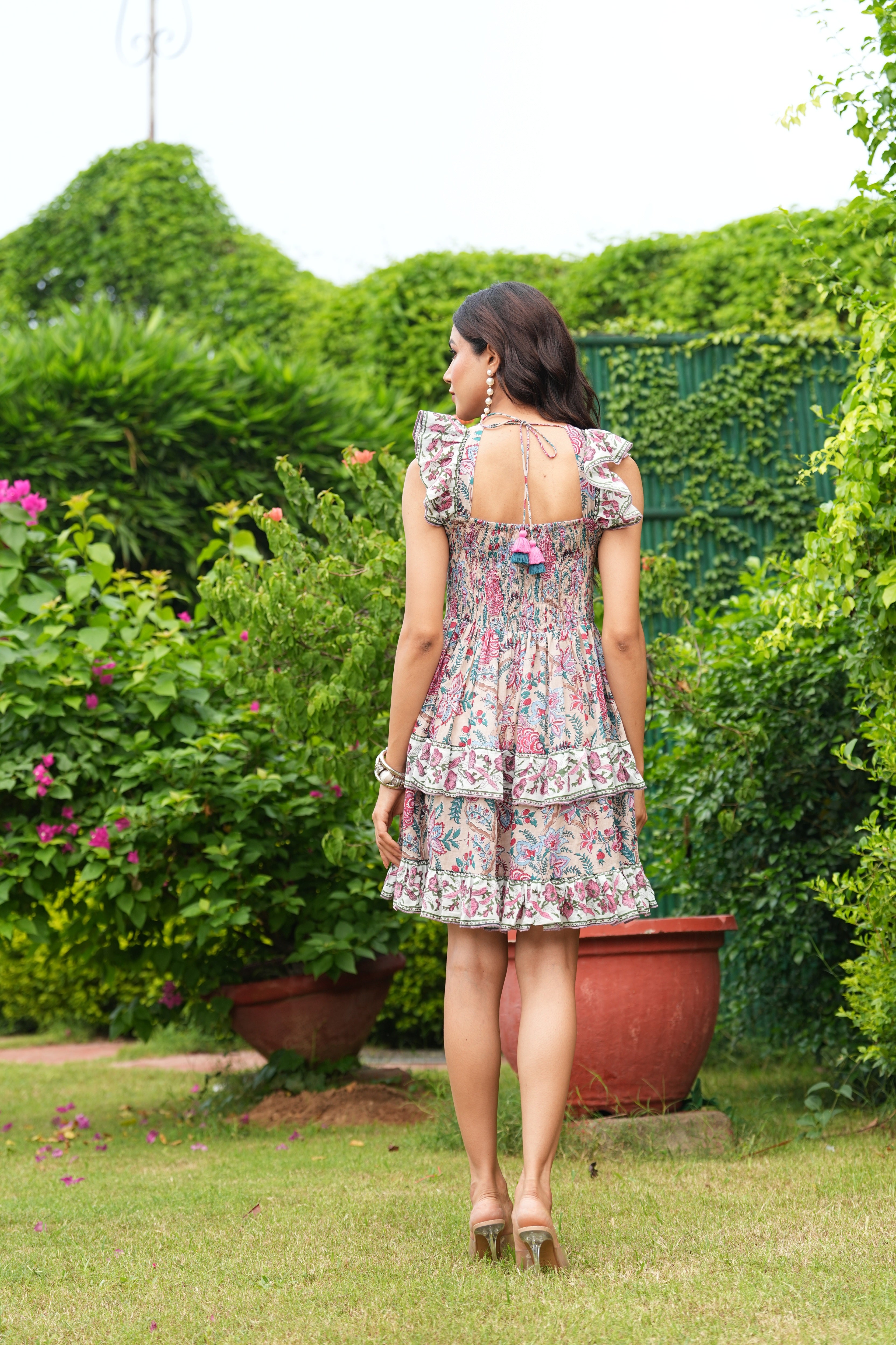 Floral Hand Block Printed Cotton Mini Dress Ruffle V-Neck