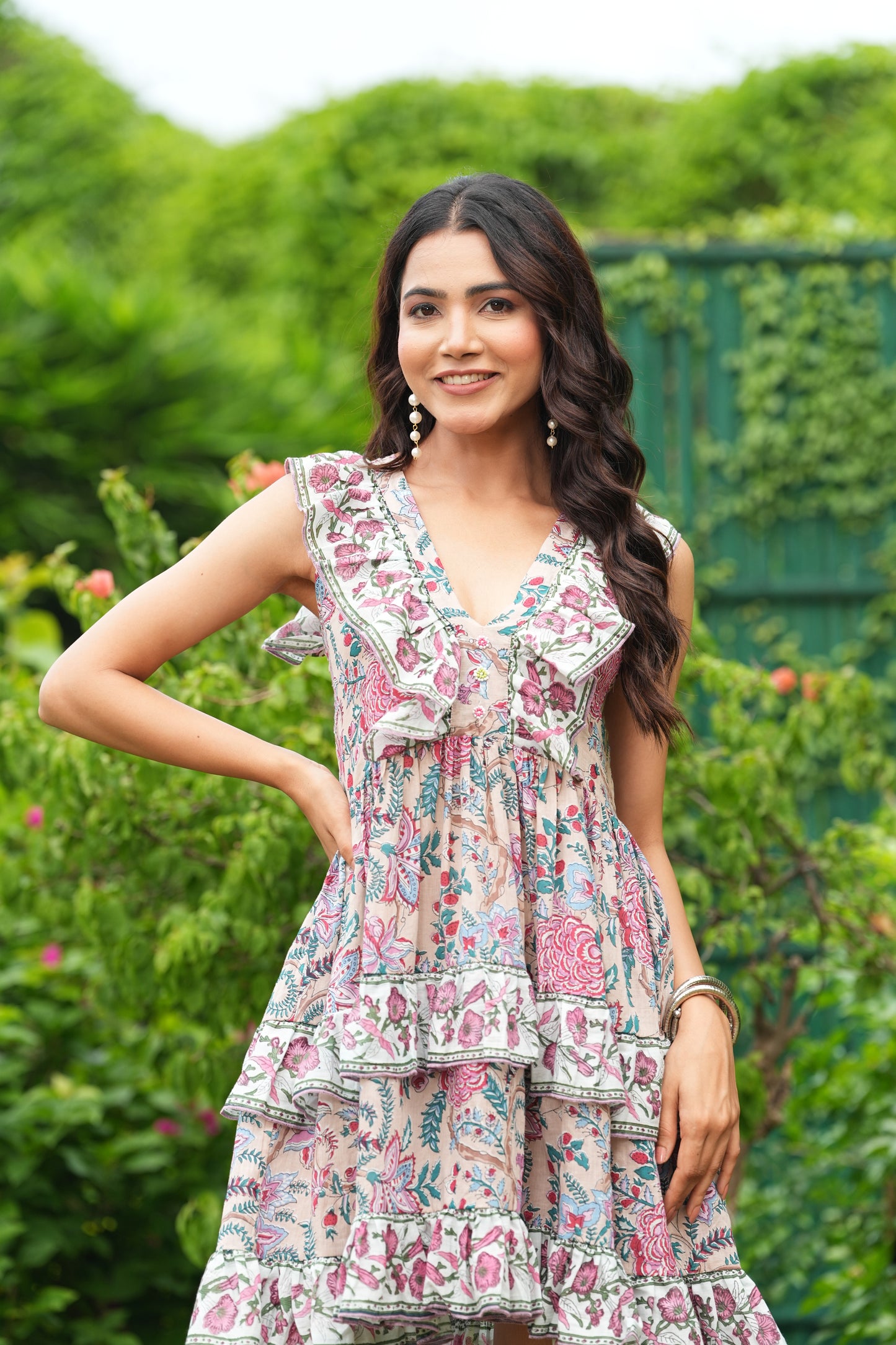 Floral Hand Block Printed Cotton Mini Dress Ruffle V-Neck