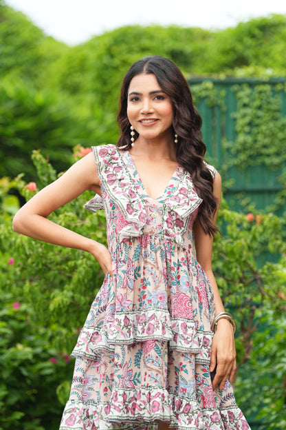Floral Hand Block Printed Cotton Mini Dress Ruffle V-Neck