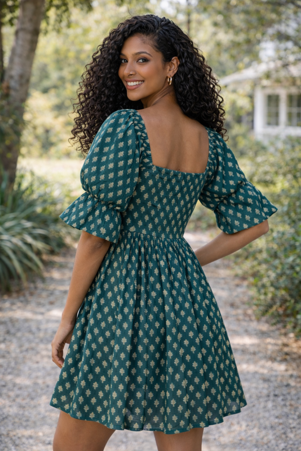 Printed Cotton Square Neck Smocked Dress