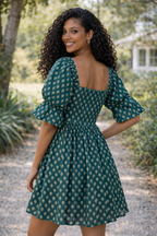 Printed Cotton Square Neck Smocked Dress