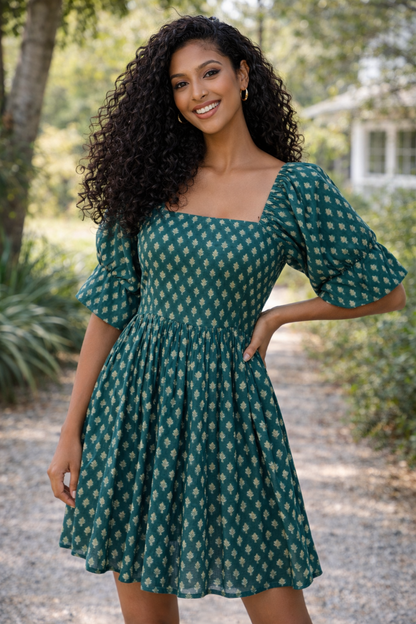 Printed Cotton Square Neck Smocked Dress