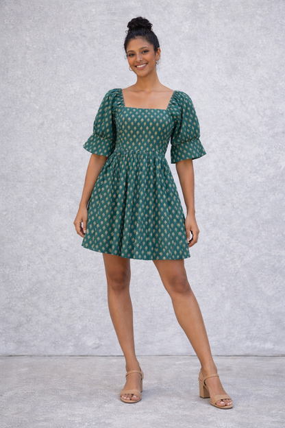 Printed Cotton Square Neck Smocked Dress