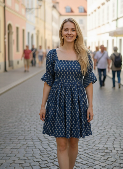 Woman in a blue dress standing on a cobblestone street with people in the background