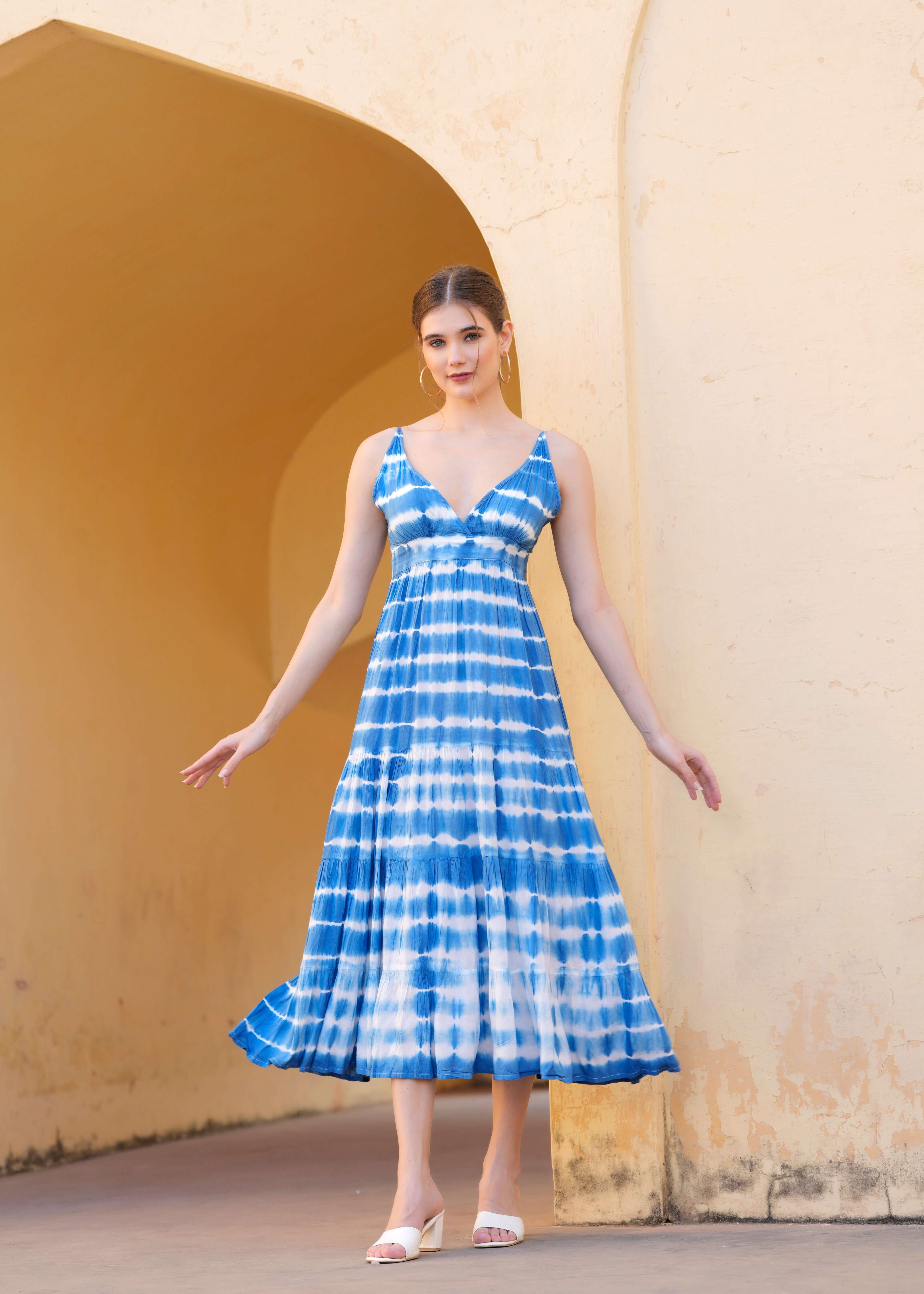 Handmade cotton Tie Dye Blue Maxi Dress