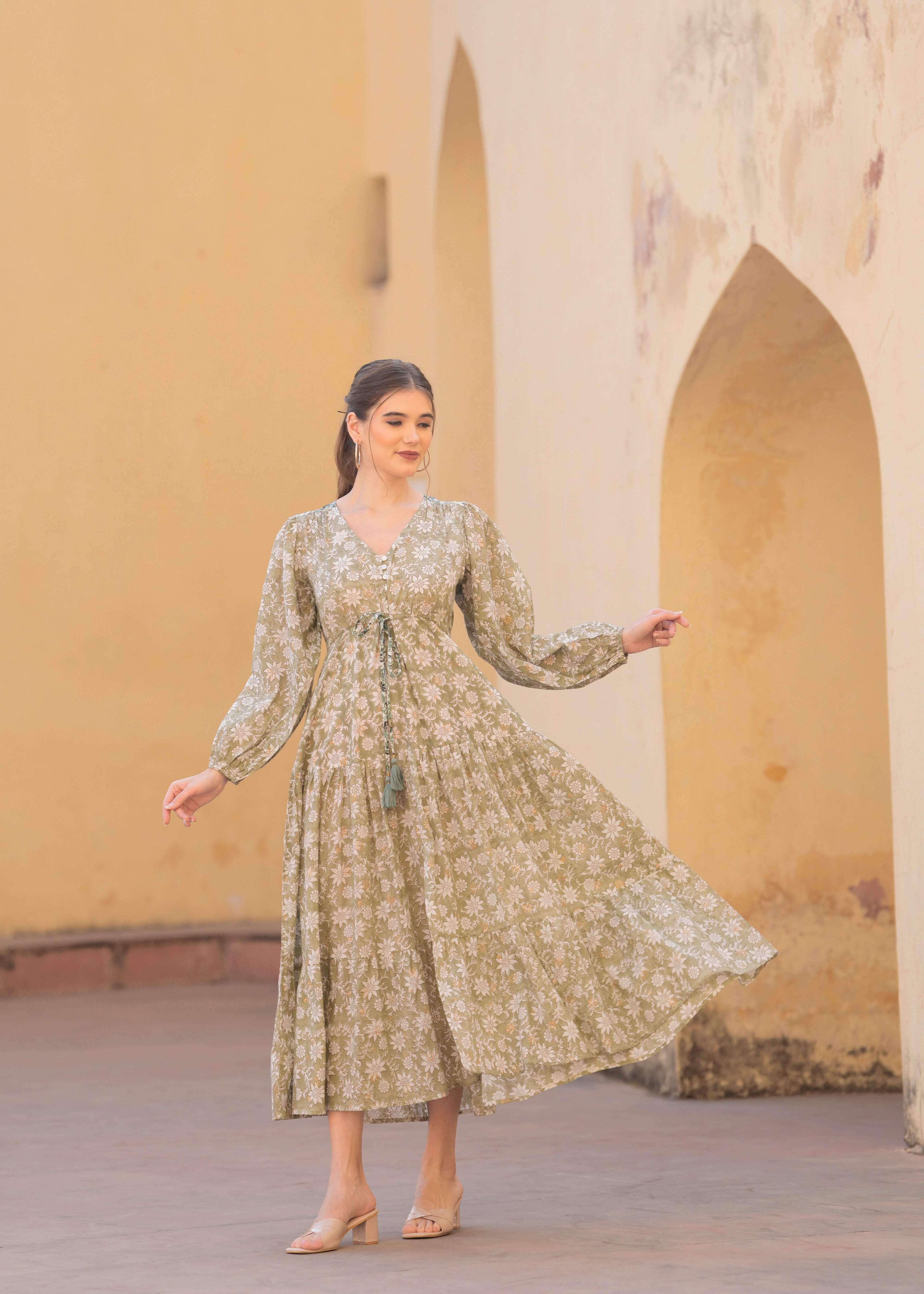 Introducing Hand block Printed Abby Green printed Maxi Dress.