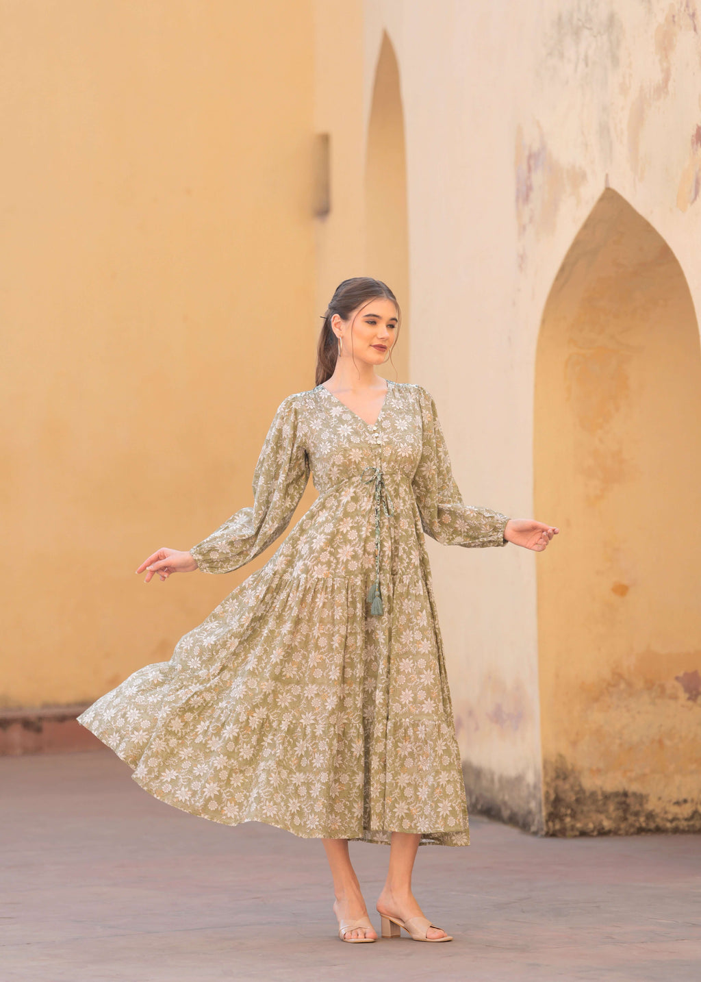 Introducing Hand block Printed Abby Green printed Maxi Dress.