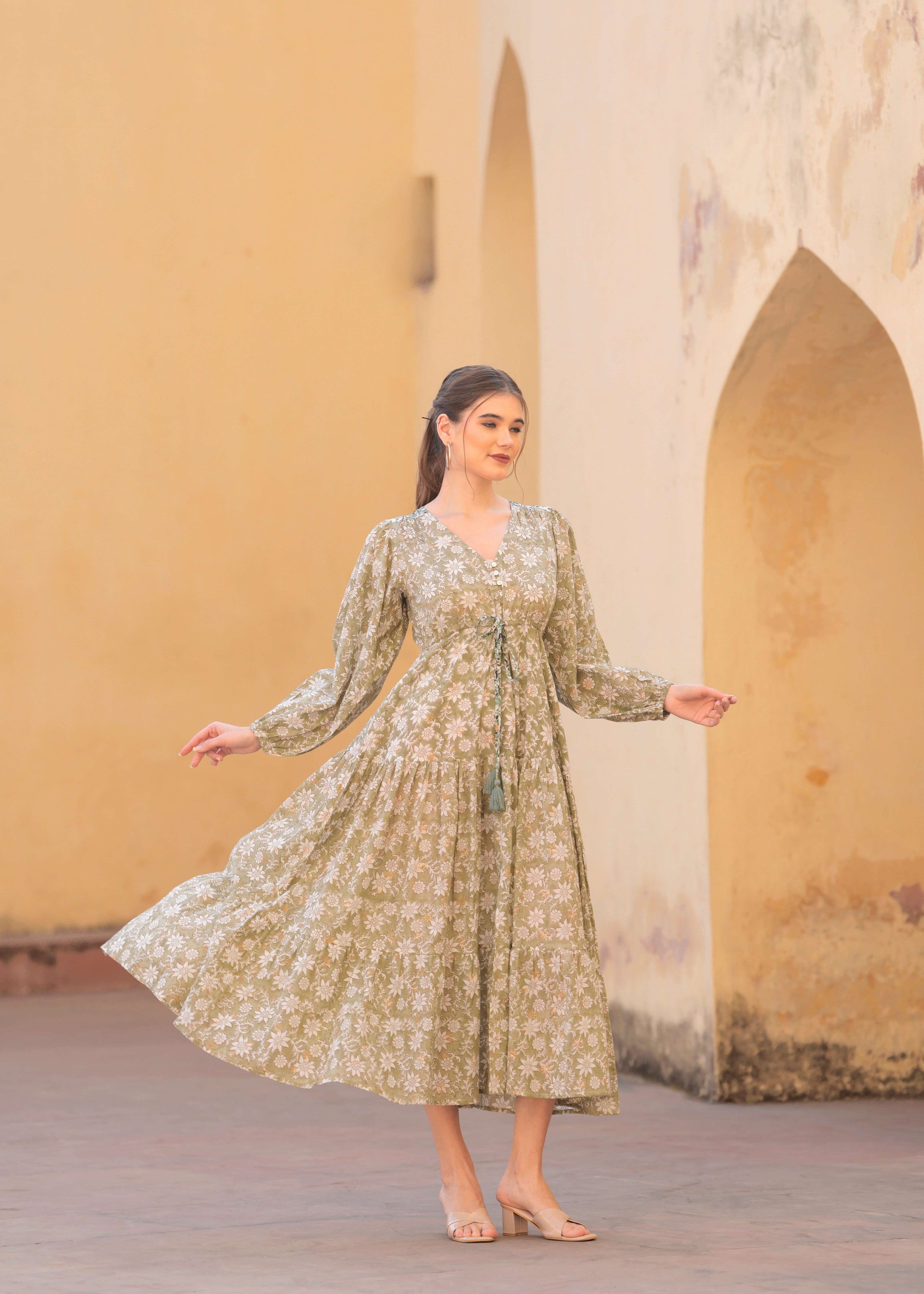 Introducing Hand block Printed Abby Green printed Maxi Dress.