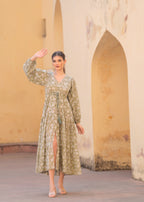 Introducing Hand block Printed Abby Green printed Maxi Dress.