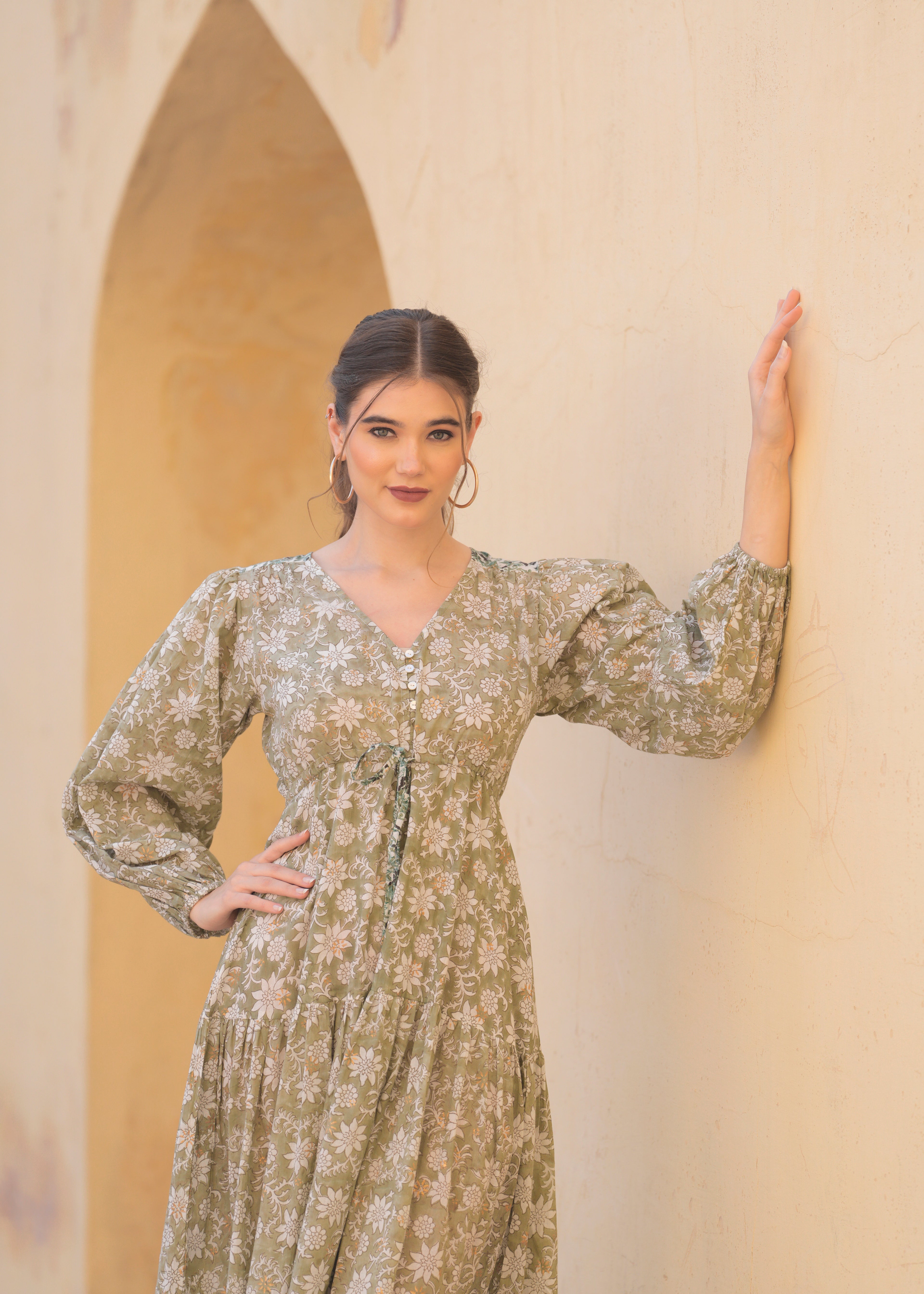Introducing Hand block Printed Abby Green printed Maxi Dress.
