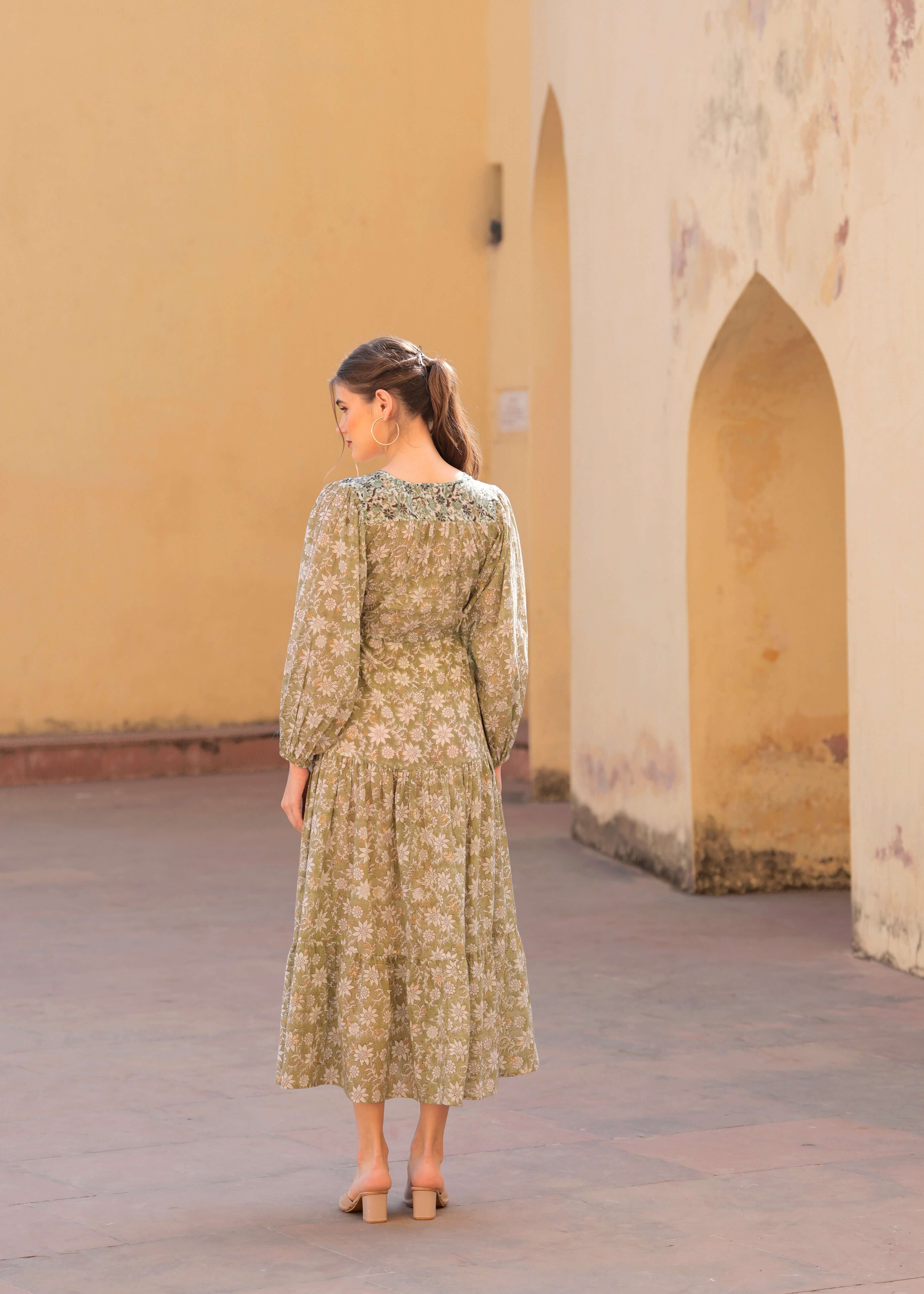 Introducing Hand block Printed Abby Green printed Maxi Dress.