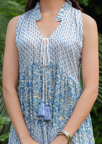 Hand block Printed Blue White Floral tiered Midi Dress