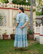 Hand Block Printed Blue Cotton Women Maxi Dress