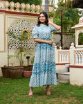Hand Block Printed Blue Cotton Women Maxi Dress