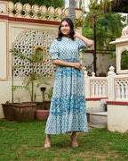 Hand Block Printed Blue Cotton Women Maxi Dress