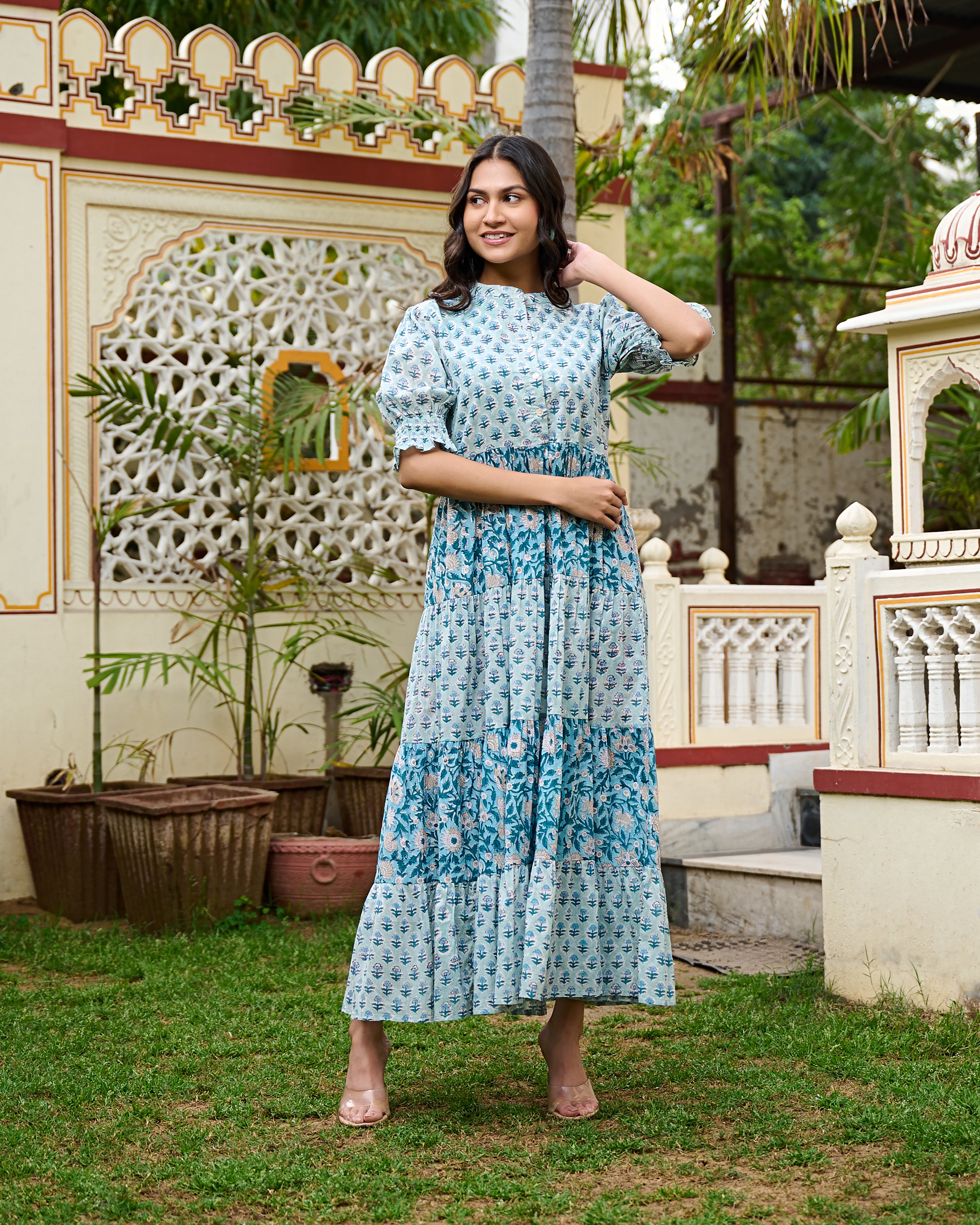 Hand Block Printed Blue Cotton Women Maxi Dress