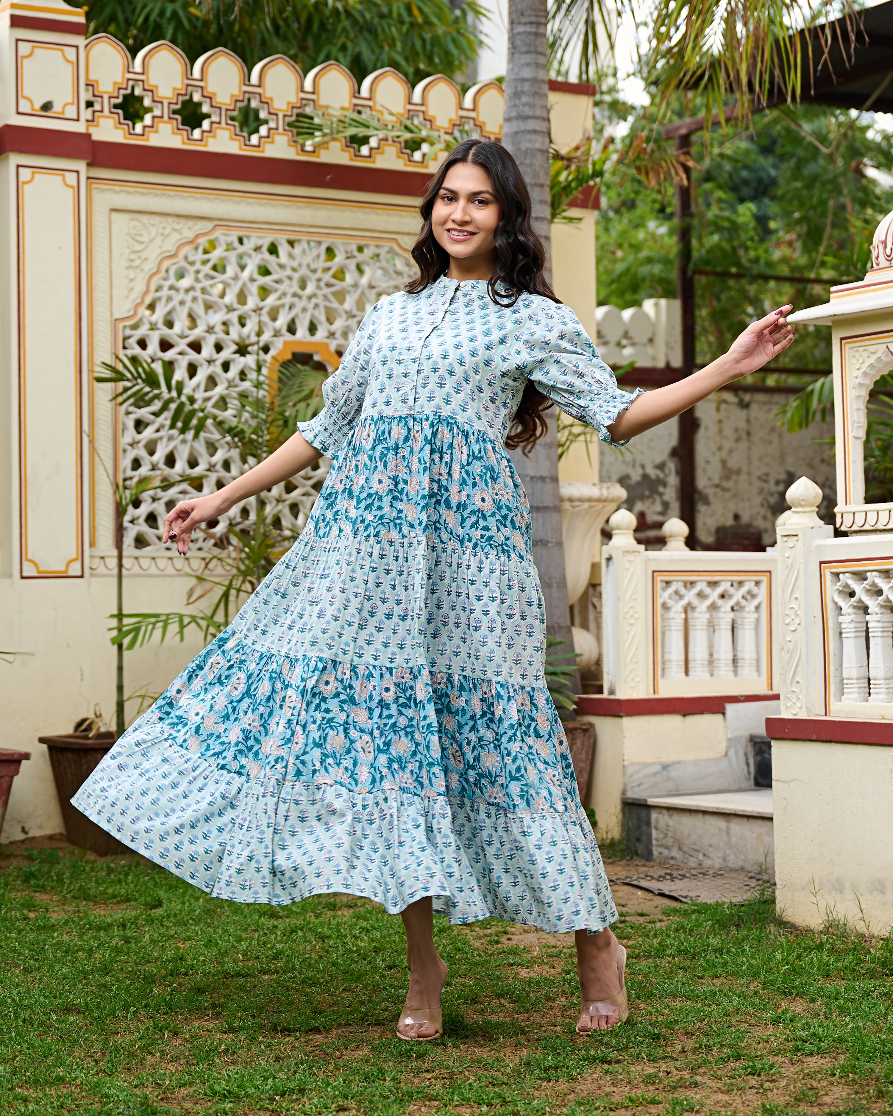 Hand Block Printed Blue Cotton Women Maxi Dress