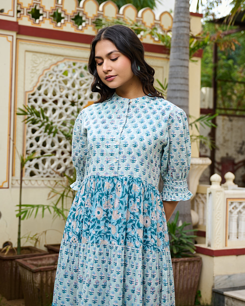 Hand Block Printed Blue Cotton Women Maxi Dress