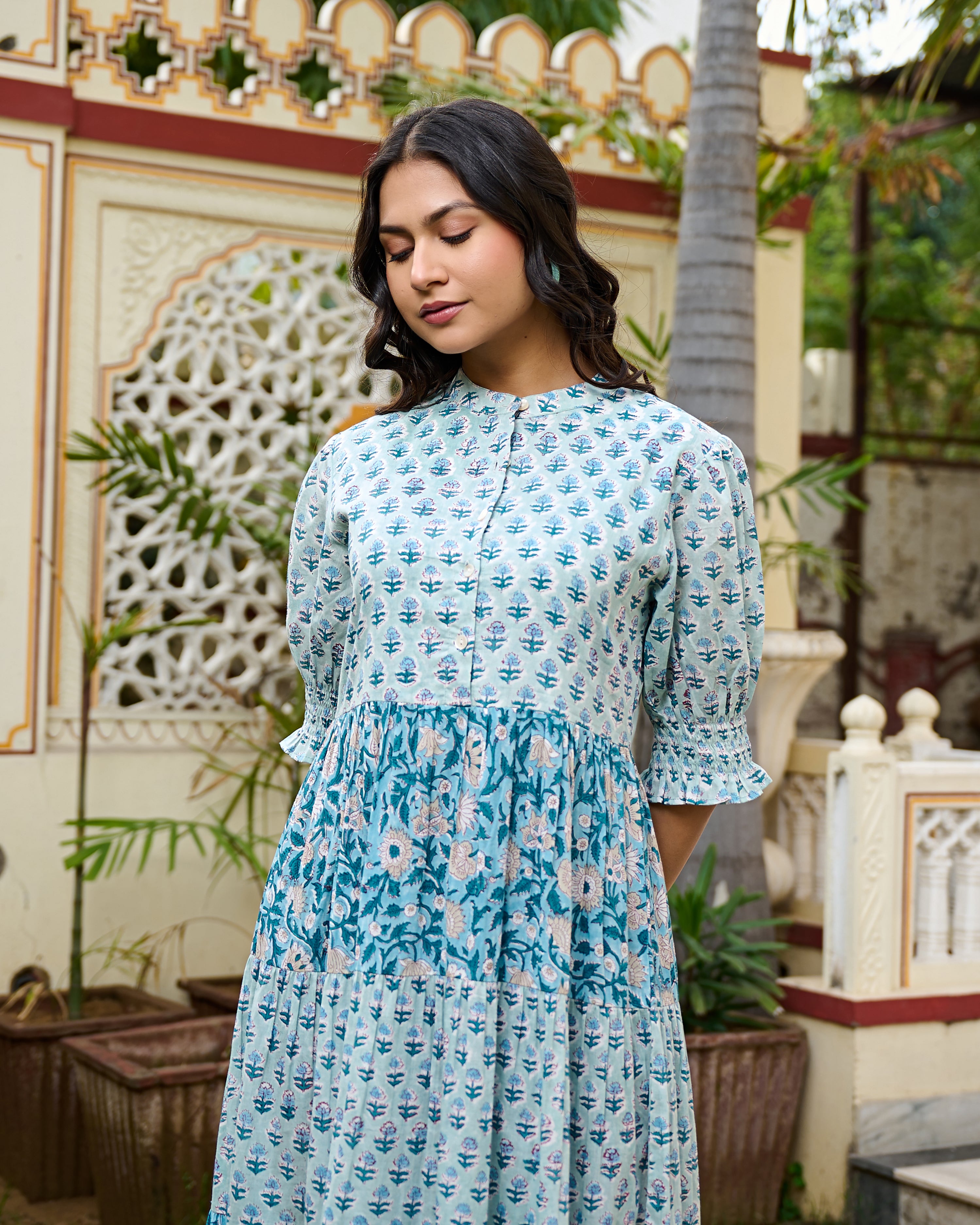 Hand Block Printed Blue Cotton Women Maxi Dress