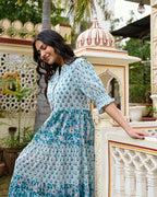 Hand Block Printed Blue Cotton Women Maxi Dress