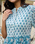 Hand Block Printed Blue Cotton Women Maxi Dress