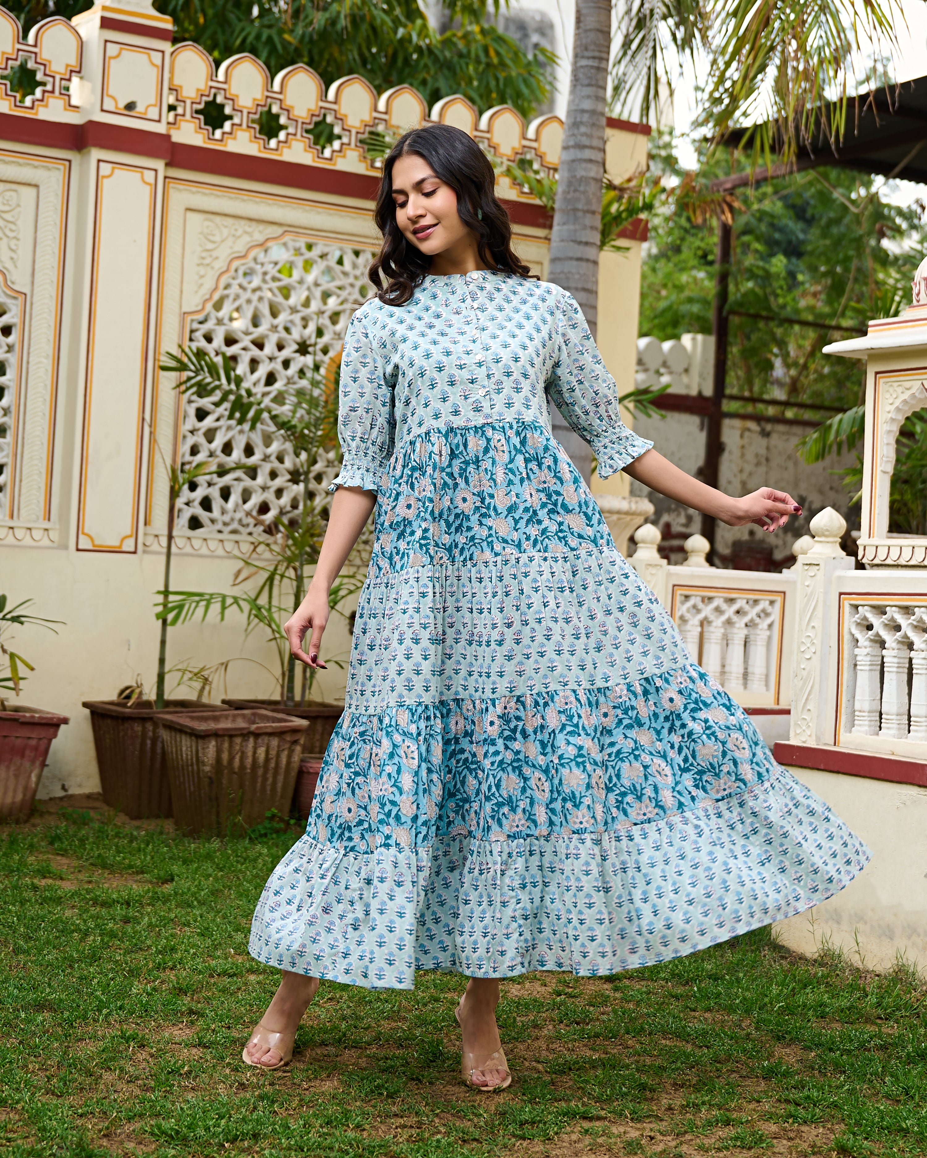 Hand Block Printed Blue Cotton Women Maxi Dress
